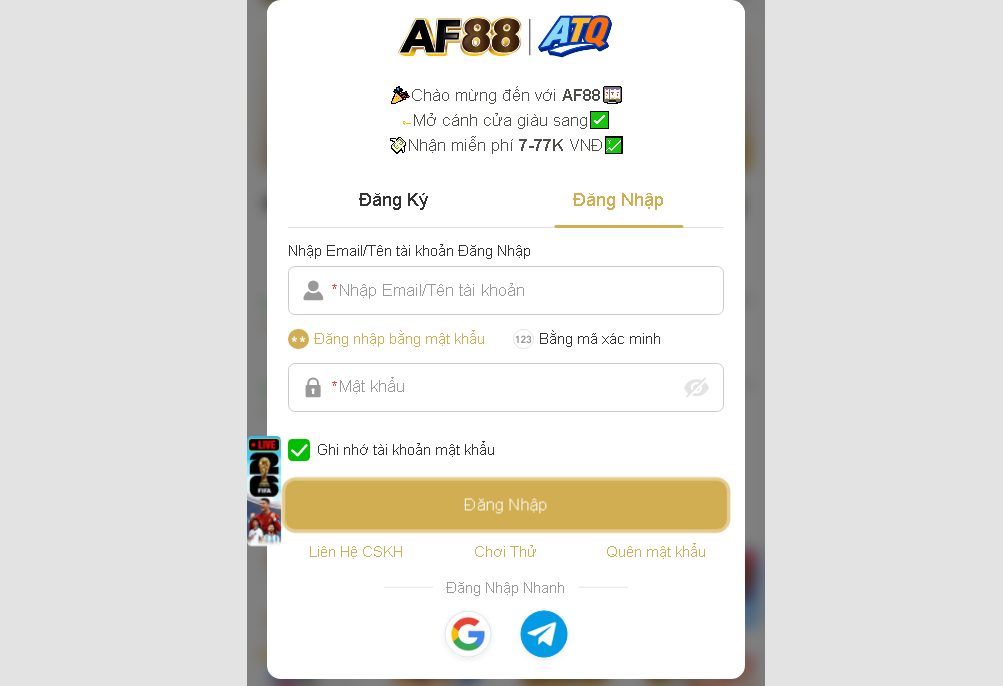 Form đăng nhập AF88 tại trang chủ chính thức AF88